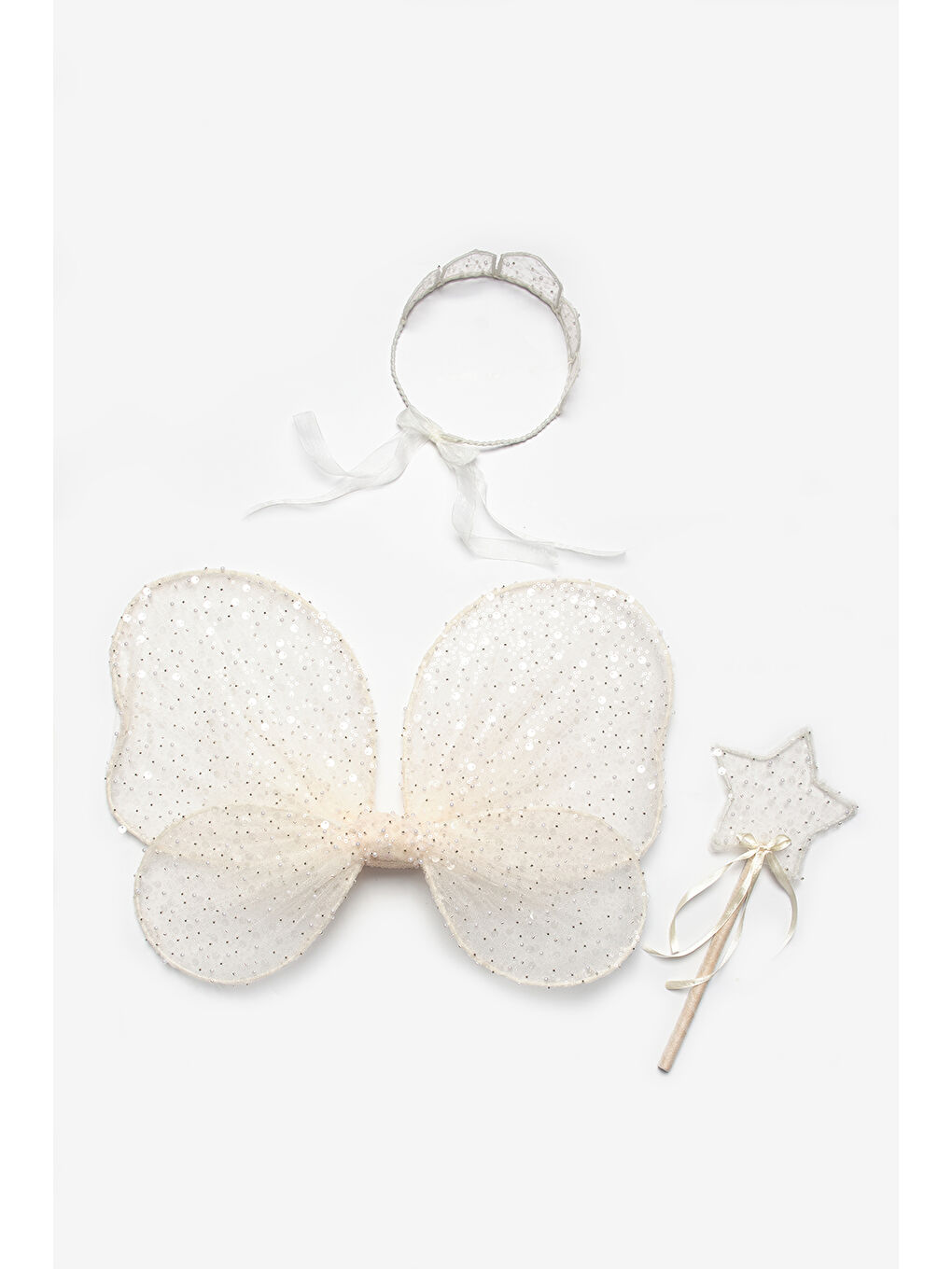 Ekru Pullu Boncuklu 3'lü Kelebek Kanat Asa Taç Set-2
