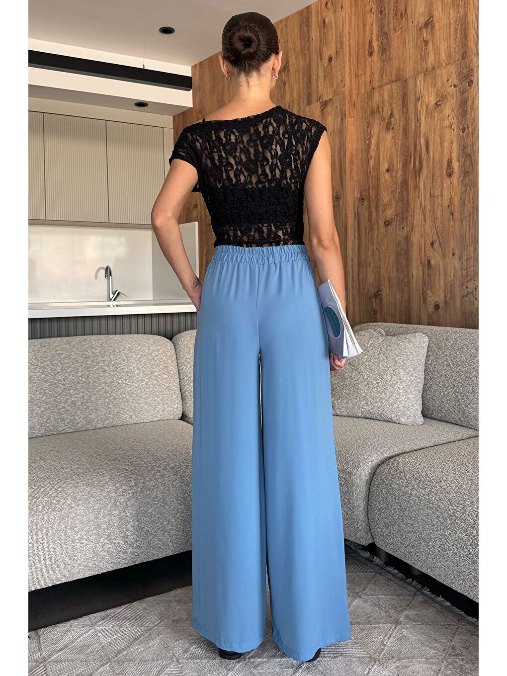 Mavi Kadın Bol Paça Bel Lastikli Kumaş Pantolon-2