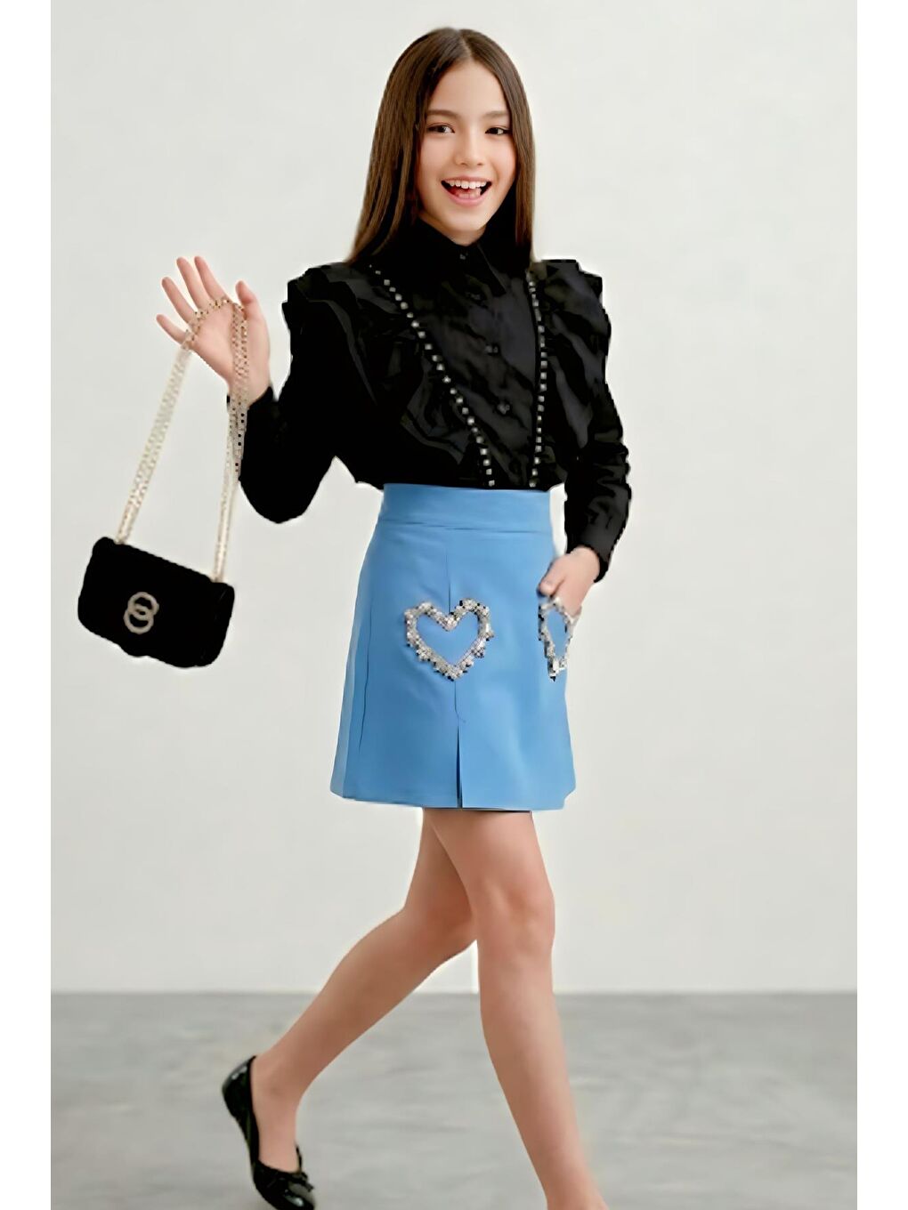 Kız Çocuk Kristal Taşlı Kalp Figürlü Mavi Etekli Takım