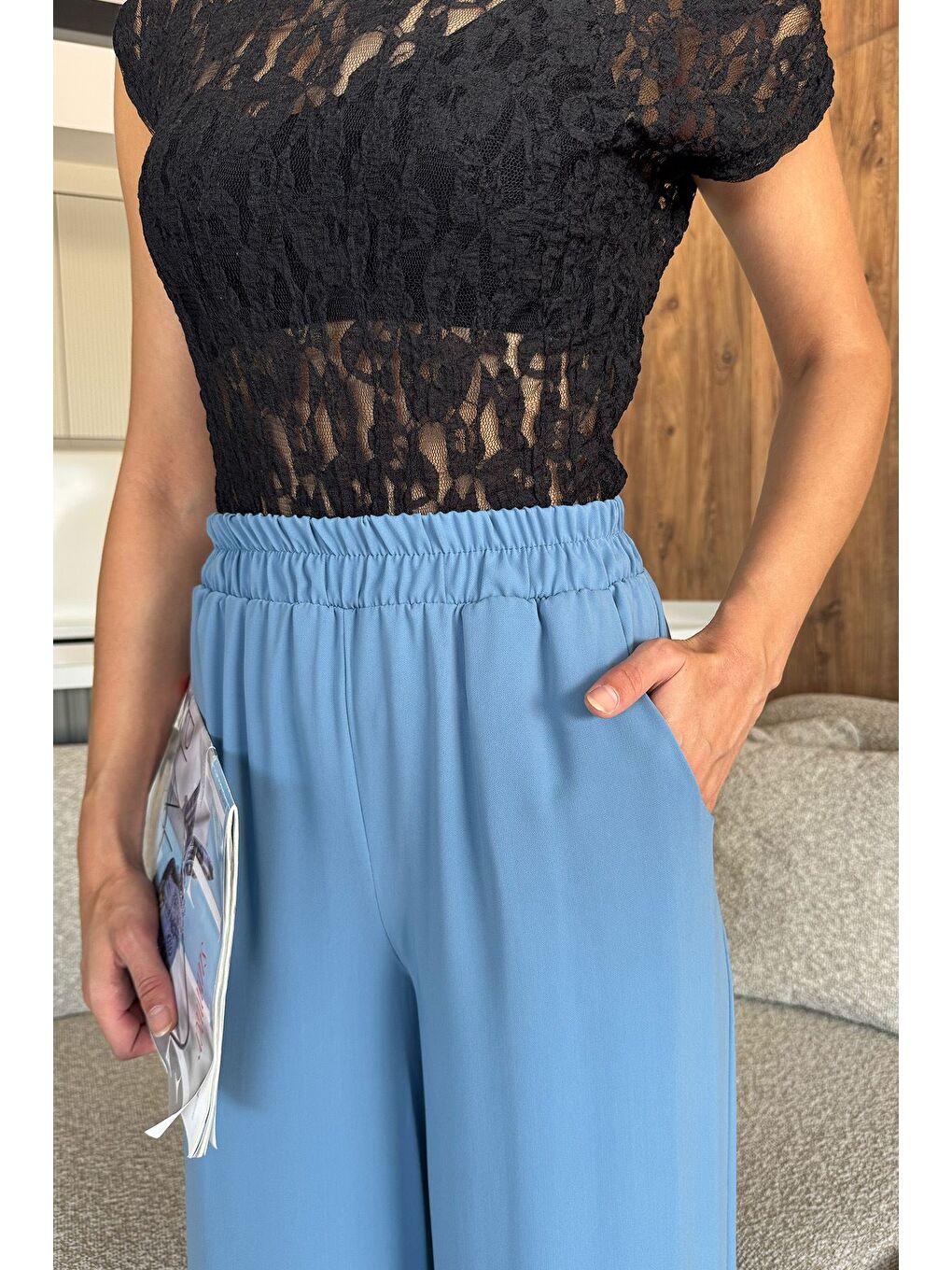 Mavi Kadın Bol Paça Bel Lastikli Kumaş Pantolon-3