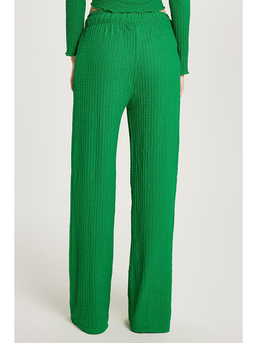 Kadın Slim Fit Dar Kesim Beli Lastikli Büzgülü İspanyol Paça Yeşil Pantolon-3