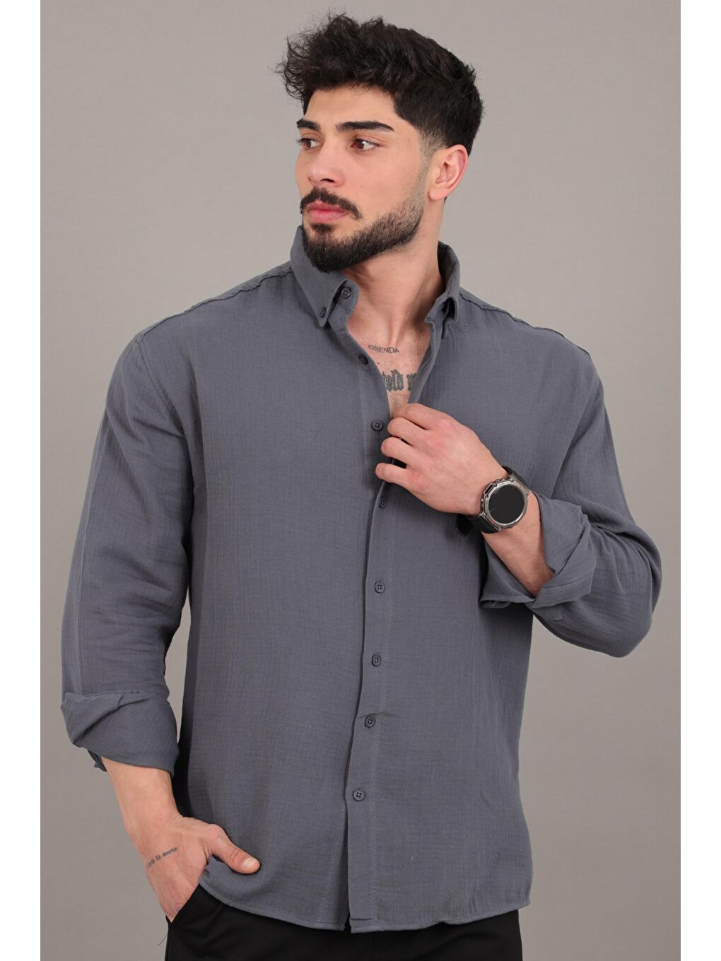 Lacivert Oversize Müslin Yazlık Uzun Kol Gömlek MRS 202_40417-1