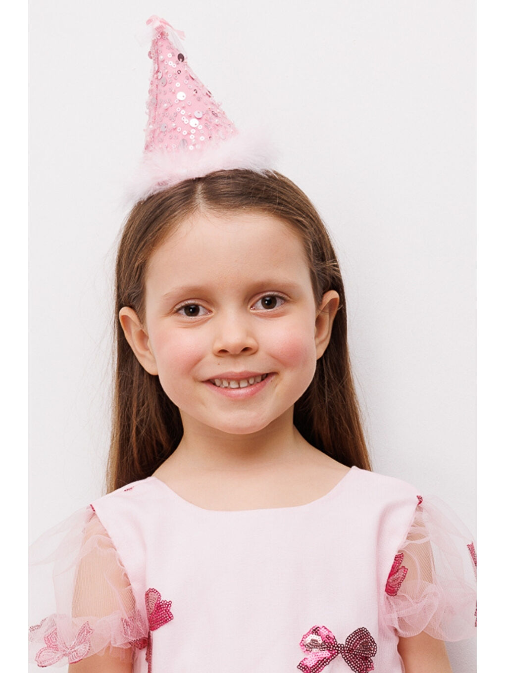 Pembe Fiyonk Detaylı Pullu Kız Çocuk Klipsli Doğum Günü Huni Taç-2