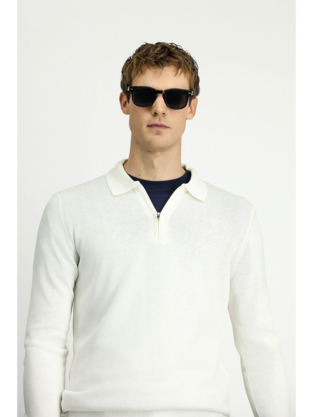 Ekru Polo Yaka Regular Fit Fermuarlı Pamuklu Örme Triko Kazak-1