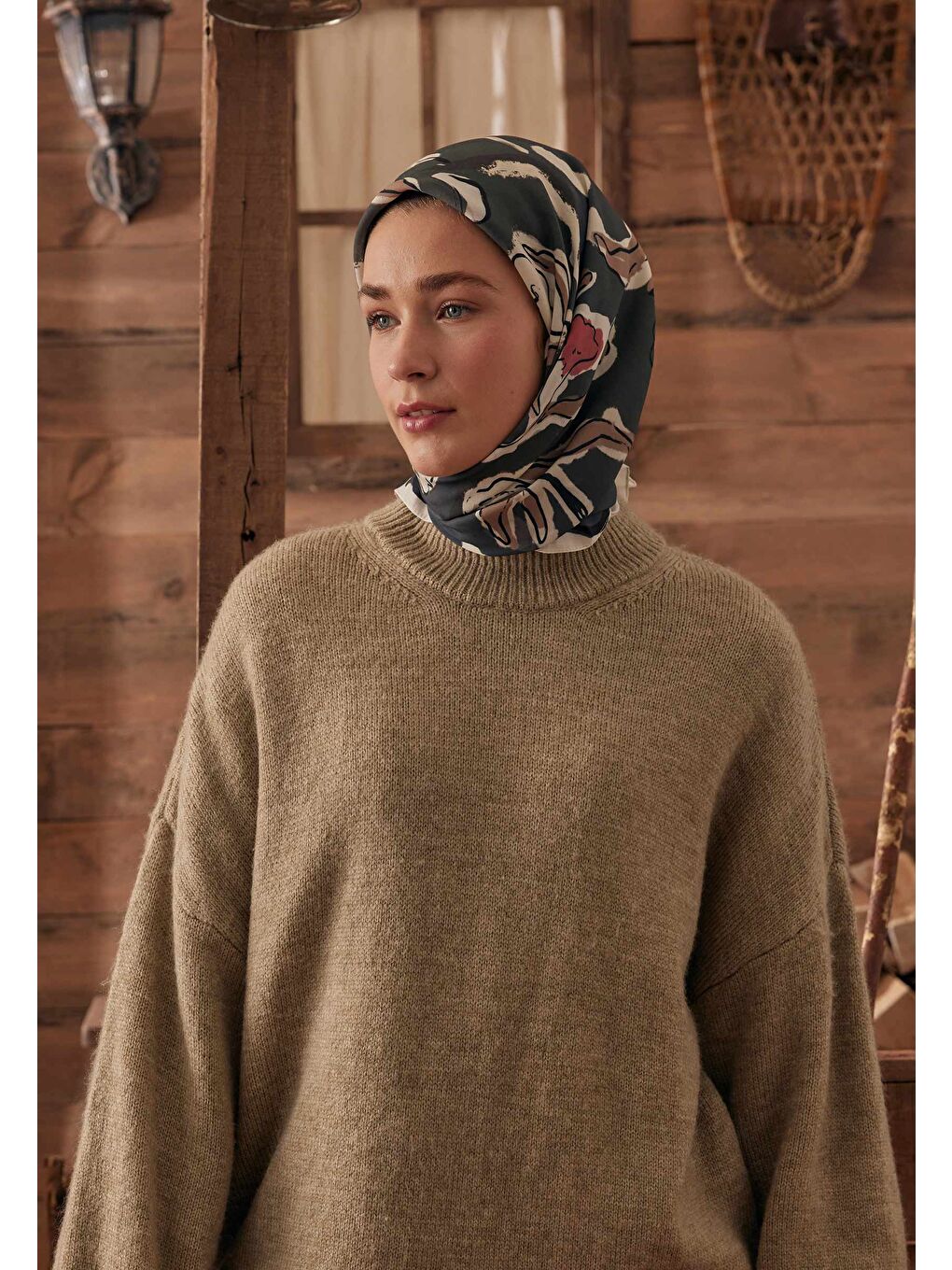 Gri Aspen Desen Pamuk İpek Eşarp Koyu Grı