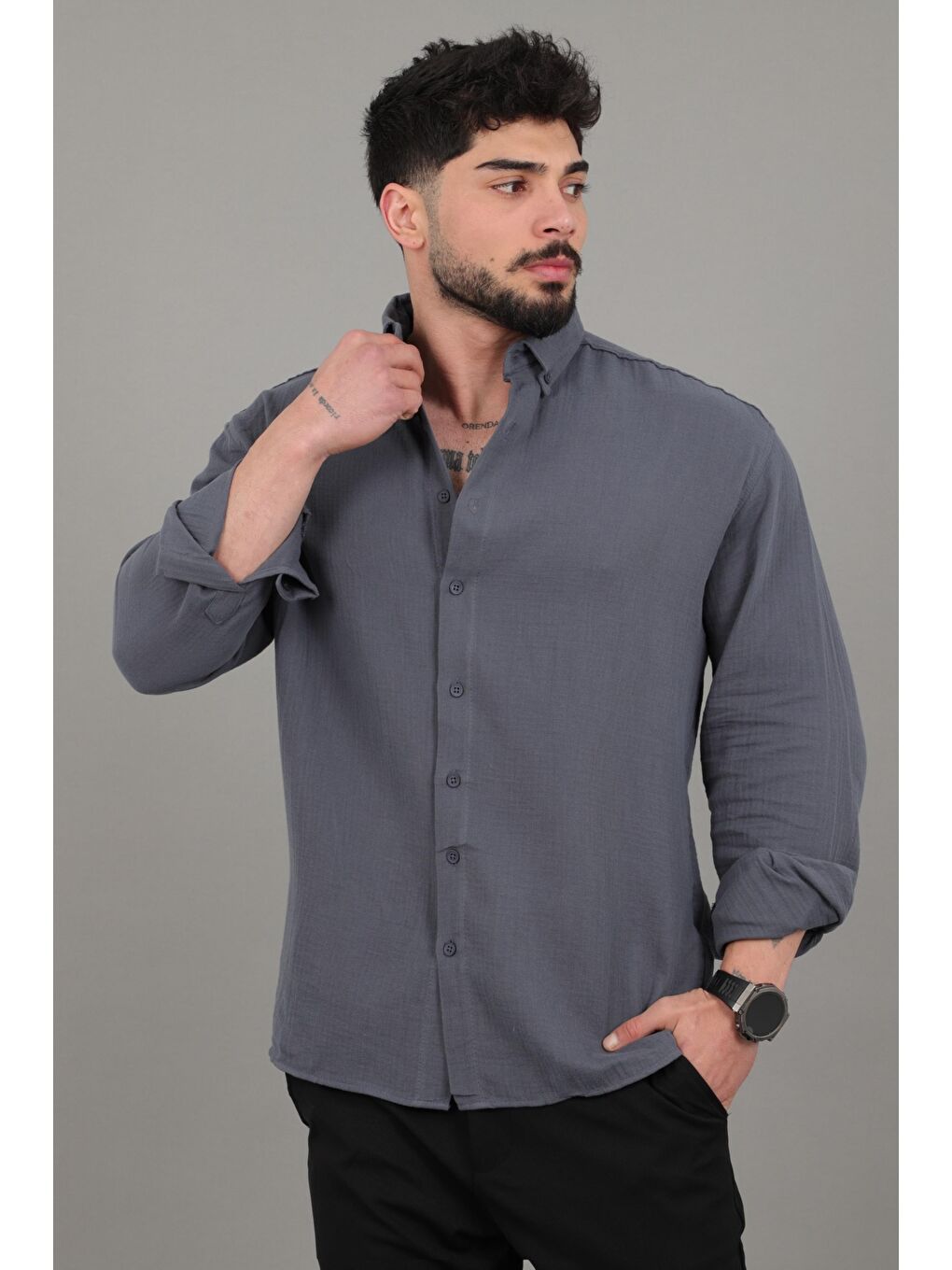 Lacivert Oversize Müslin Yazlık Uzun Kol Gömlek MRS 202_40417-2