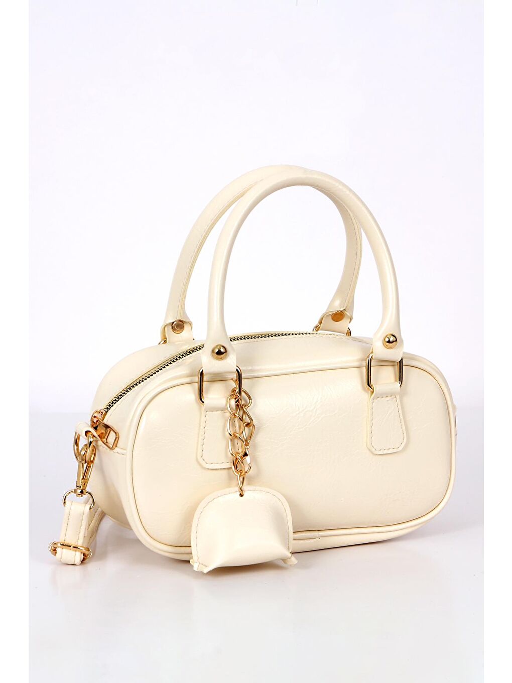 Ekru Ruby Mini Cüzdan Charm Detaylı Rugan Deri Fermuar Kapama Kadın El Çapraz Kol Omuz Çantası BP-4853O