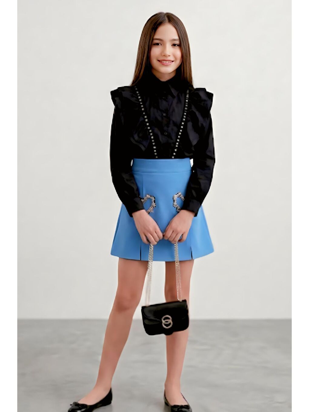 Kız Çocuk Kristal Taşlı Kalp Figürlü Mavi Etekli Takım-1