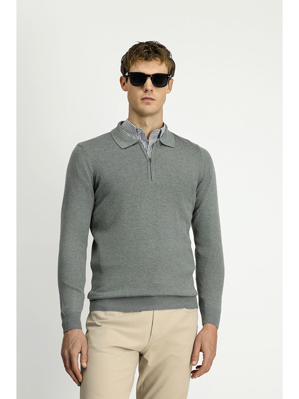 Gri Polo Yaka Regular Fit Fermuarlı Pamuklu Örme Triko Kazak-3