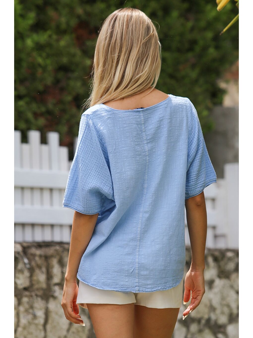 Bebek Mavisi Havuz Yaka Kısa Kol Yıkamalı Dokuma Casual Bluz-7