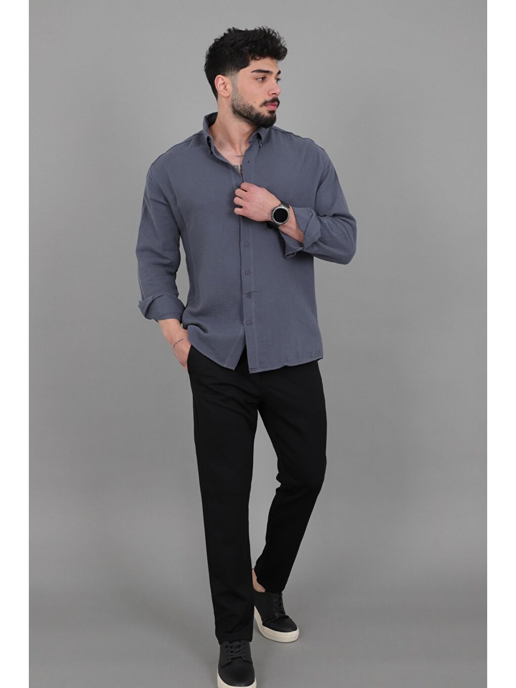 Lacivert Oversize Müslin Yazlık Uzun Kol Gömlek MRS 202_40417-3