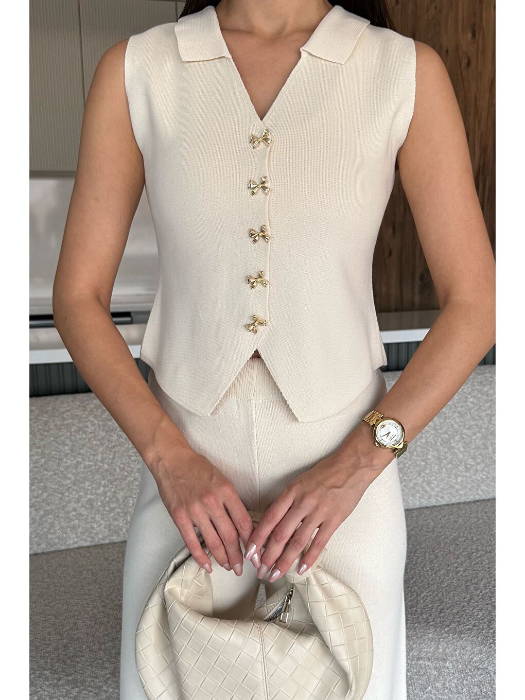 Ekru Gömlek Yaka Yelek Pantolon Triko İkili Takım-2