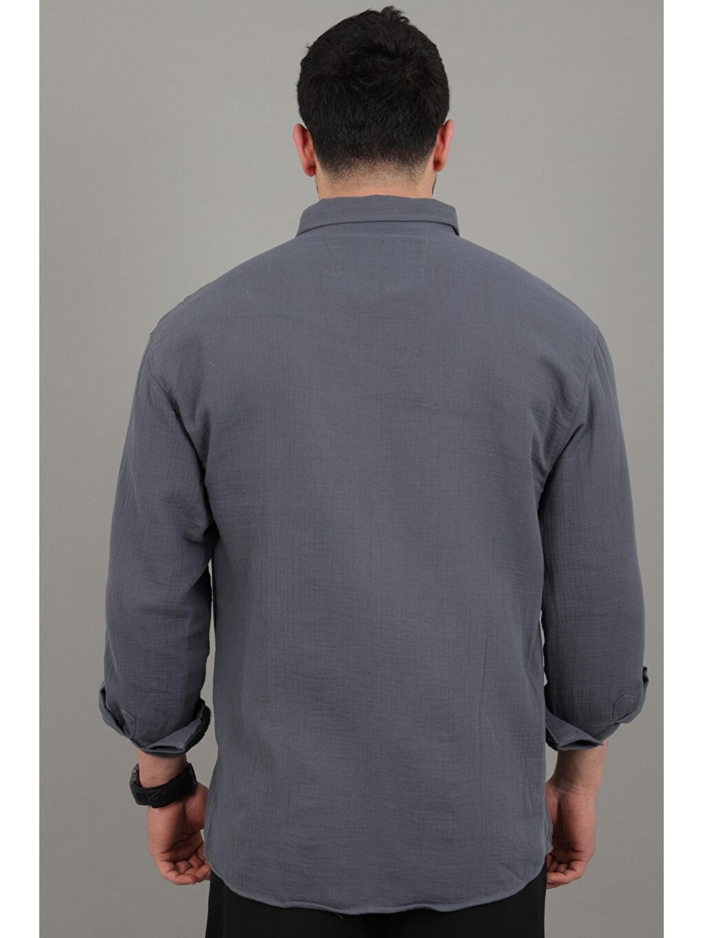 Lacivert Oversize Müslin Yazlık Uzun Kol Gömlek MRS 202_40417-4