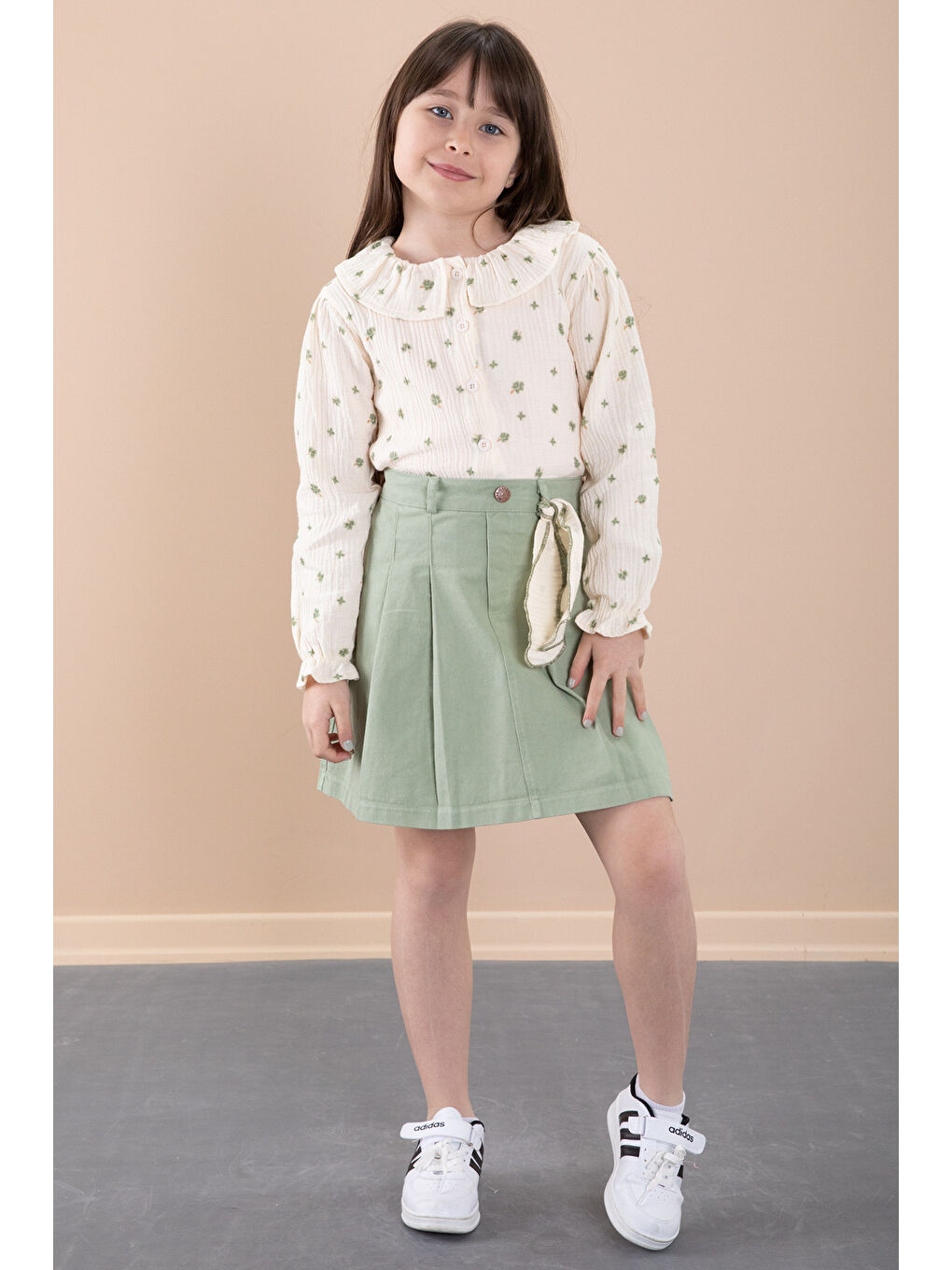 Yeşil Çiçek Desenli Müslin Badili Jean Etekli Kız Çocuk Takım 20427