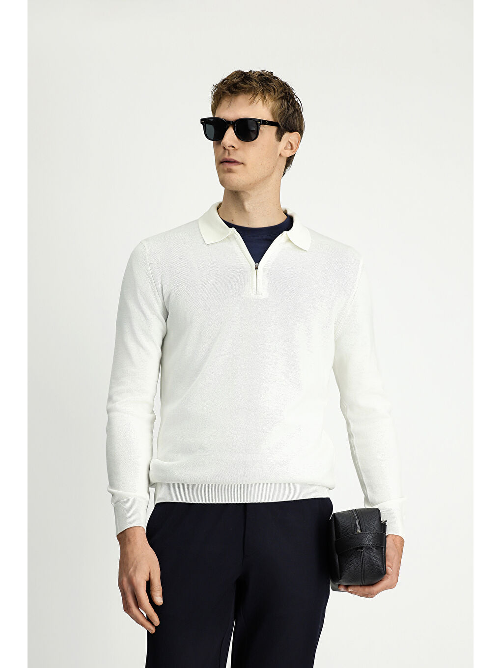 Ekru Polo Yaka Regular Fit Fermuarlı Pamuklu Örme Triko Kazak-3