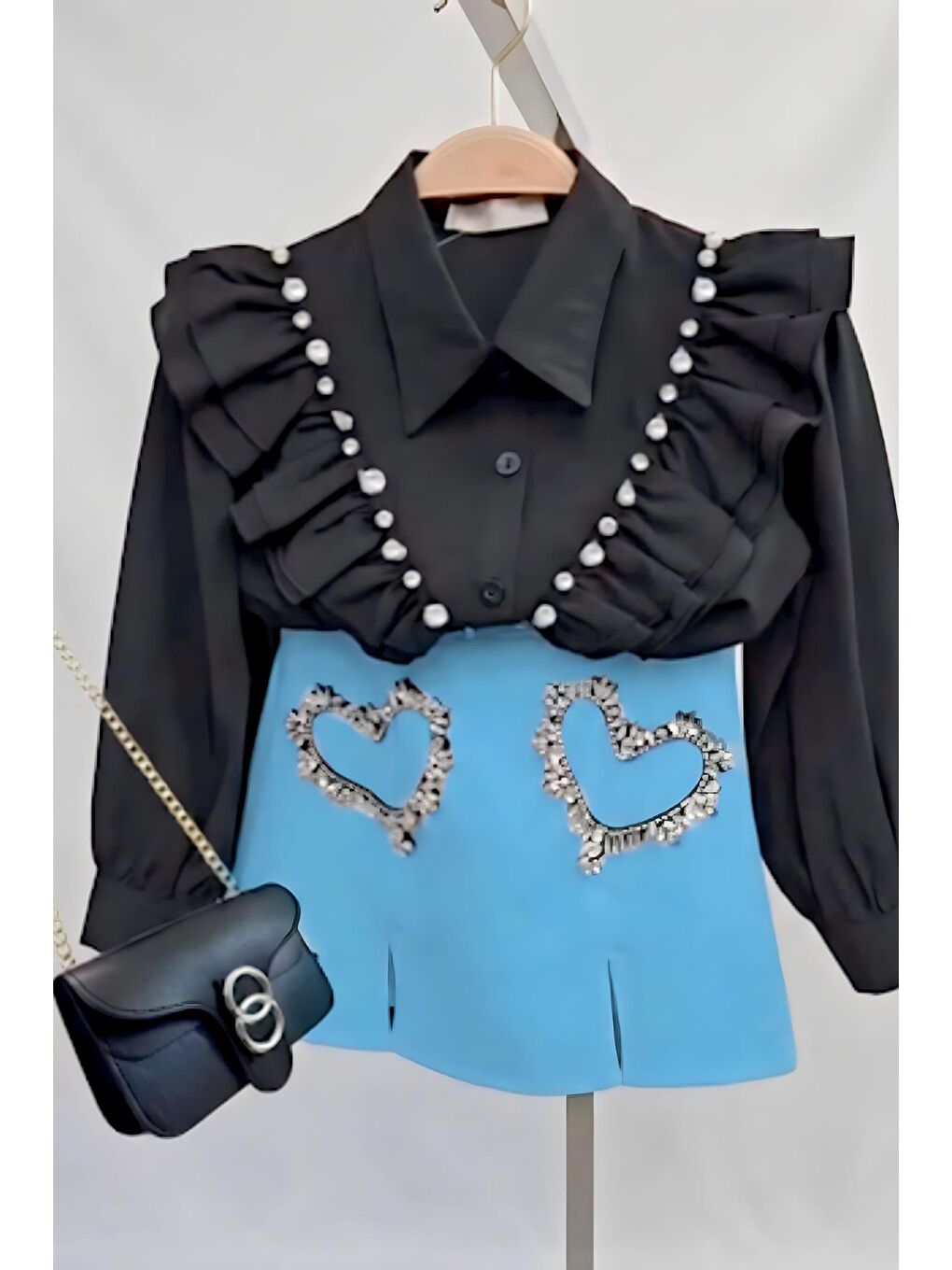 Kız Çocuk Kristal Taşlı Kalp Figürlü Mavi Etekli Takım-3