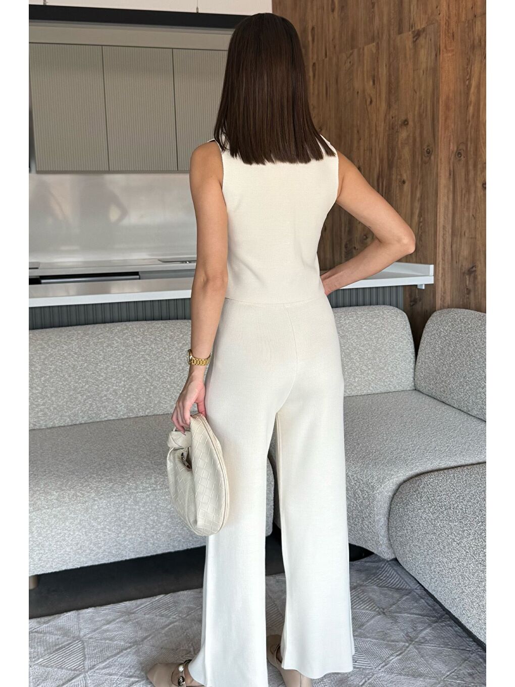 Ekru Gömlek Yaka Yelek Pantolon Triko İkili Takım-3