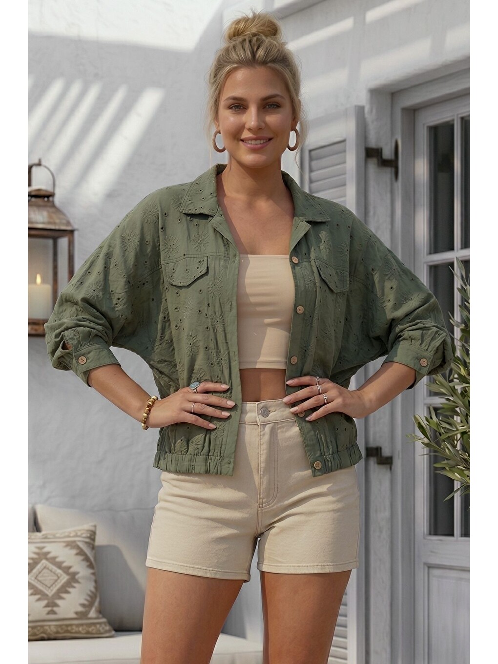 Haki Gömlek Yaka 3/4 Kol Düğmeli Brodeli Delikişi Nakışlı Pamuklu Oversize Dokuma Ceket 65 79-3