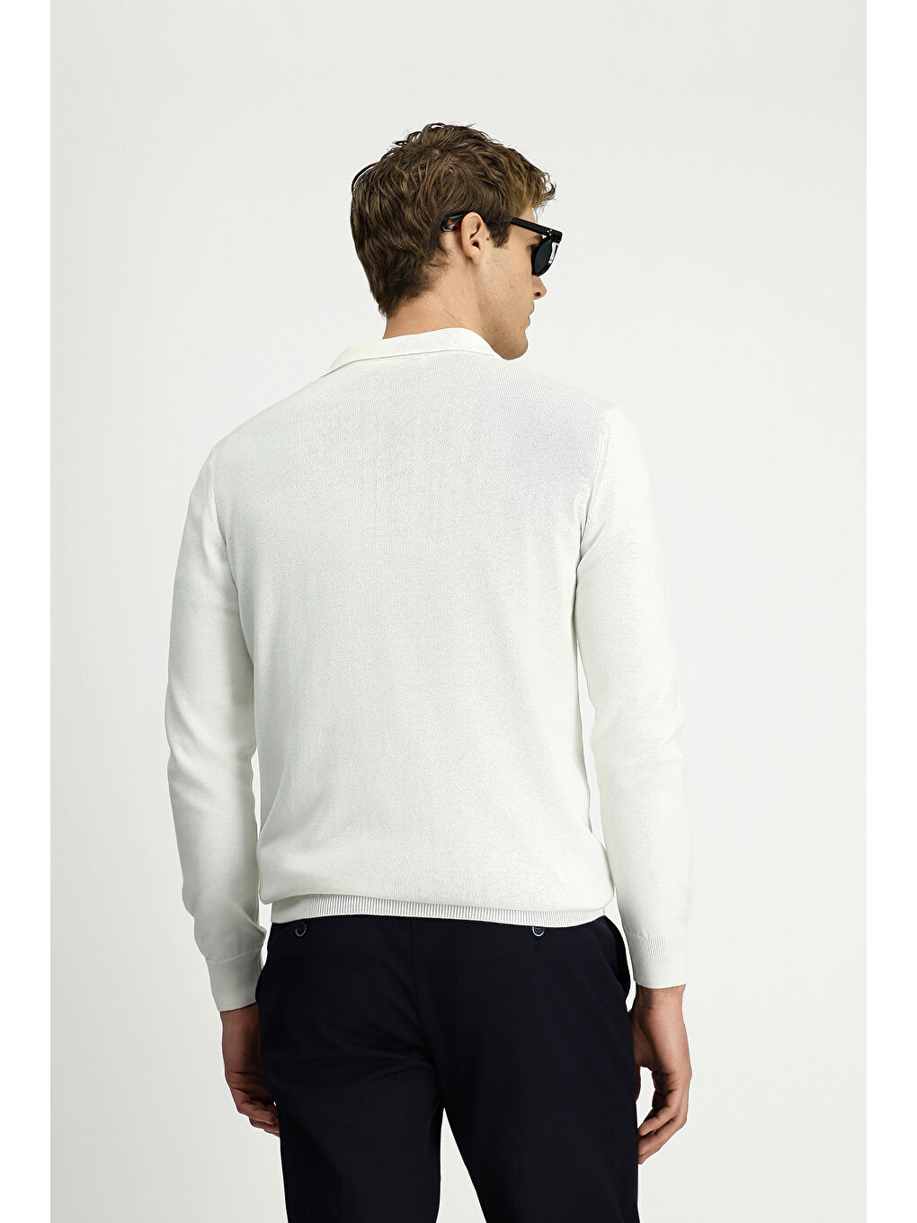 Ekru Polo Yaka Regular Fit Fermuarlı Pamuklu Örme Triko Kazak-4