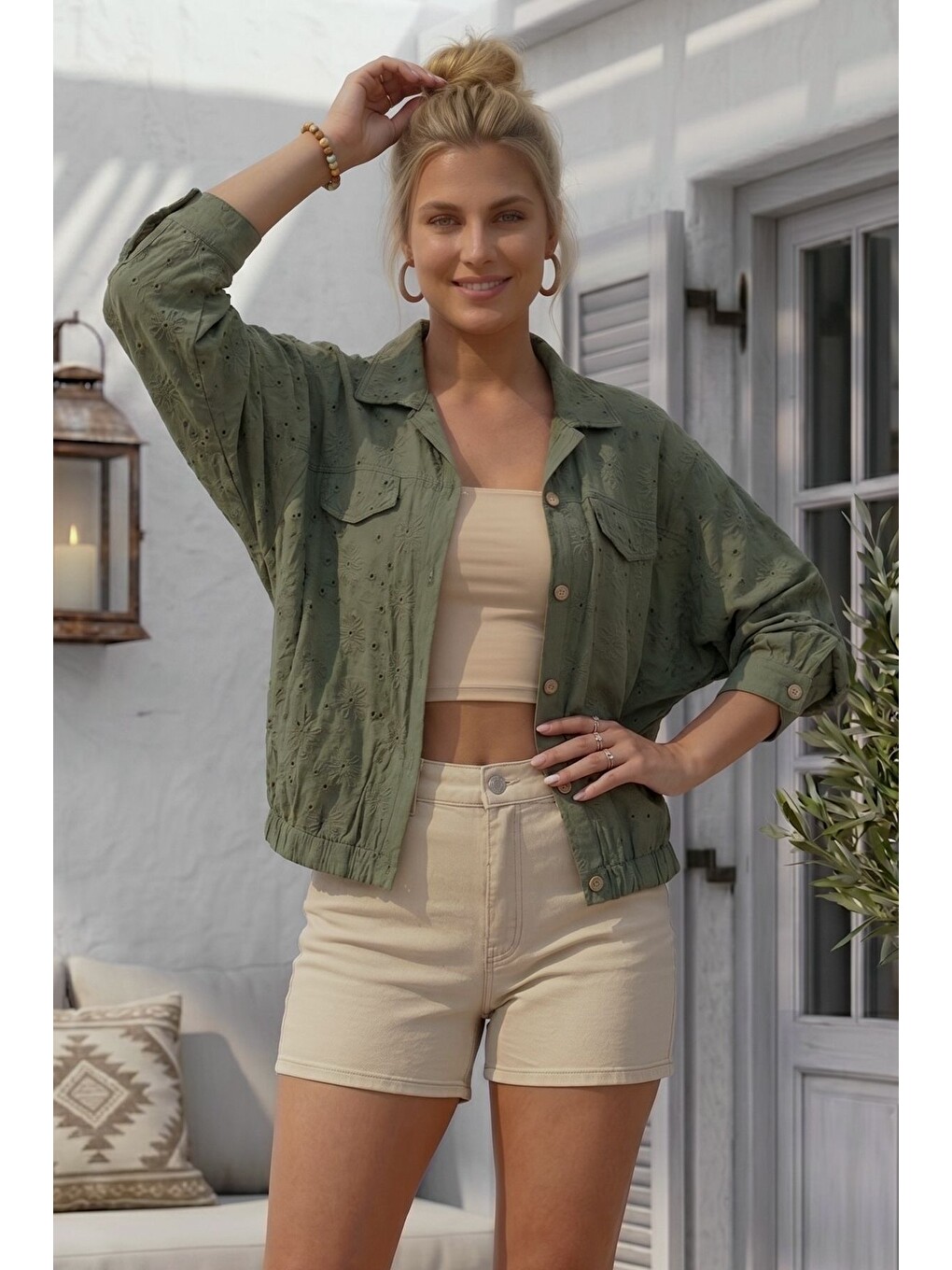 Haki Gömlek Yaka 3/4 Kol Düğmeli Brodeli Delikişi Nakışlı Pamuklu Oversize Dokuma Ceket 65 79-4