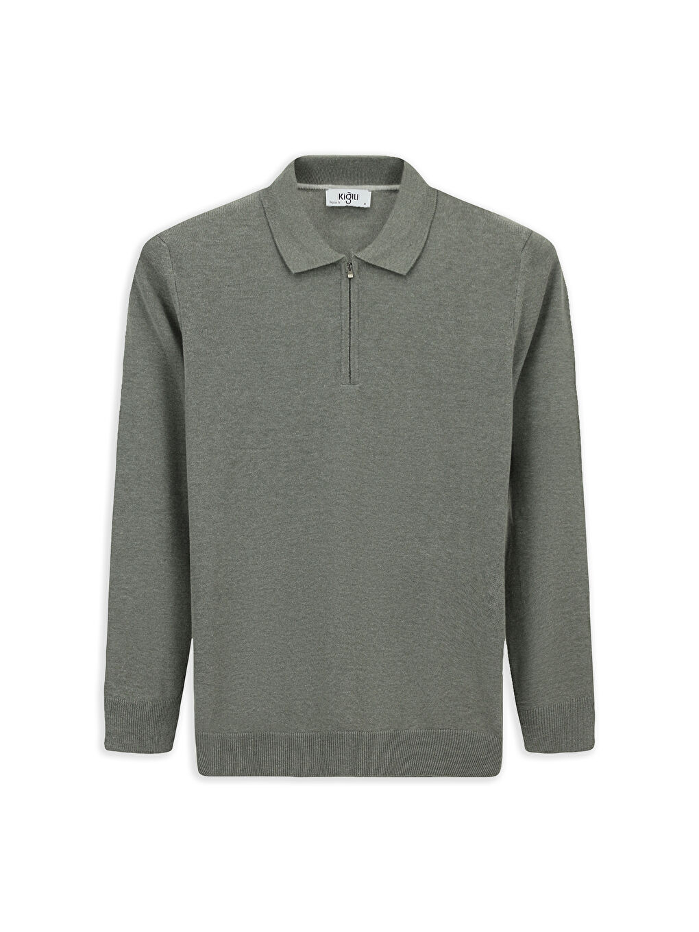 Gri Polo Yaka Regular Fit Fermuarlı Pamuklu Örme Triko Kazak-5