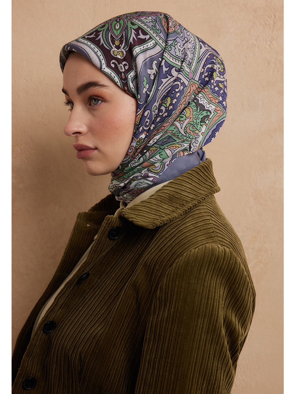 Etnıc Floral Desen Pamuk İpek Eşarp İndigo-2