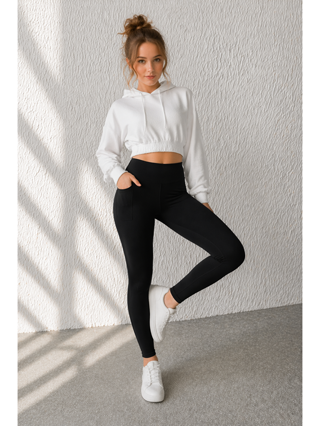 Siyah Kadın Cepli Ekstra Yüksek Bel Dalgıç Kumaş Esnek Spor Rahat Günlük Tayt-2