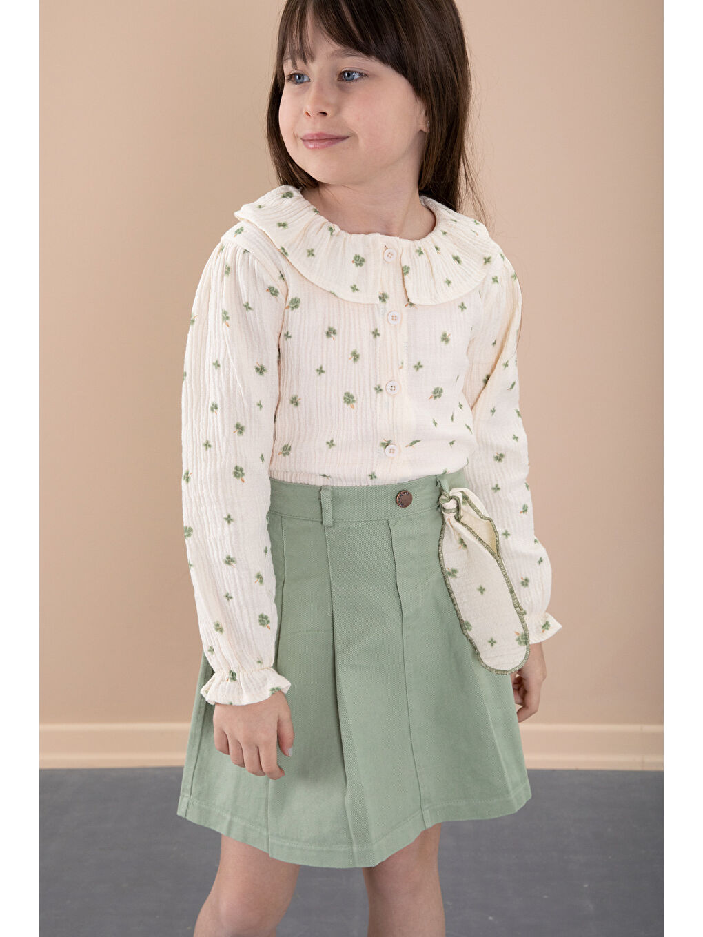 Yeşil Çiçek Desenli Müslin Badili Jean Etekli Kız Çocuk Takım 20427-1