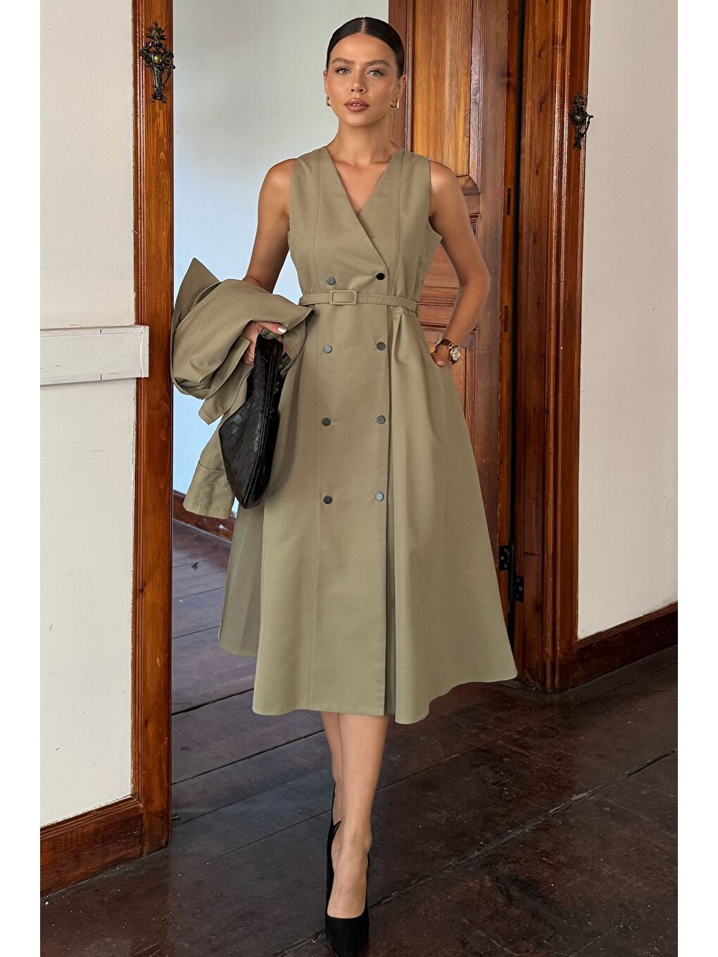 Haki Kadın Trenç Kumaş Ceket Elbise İkili Takım-1