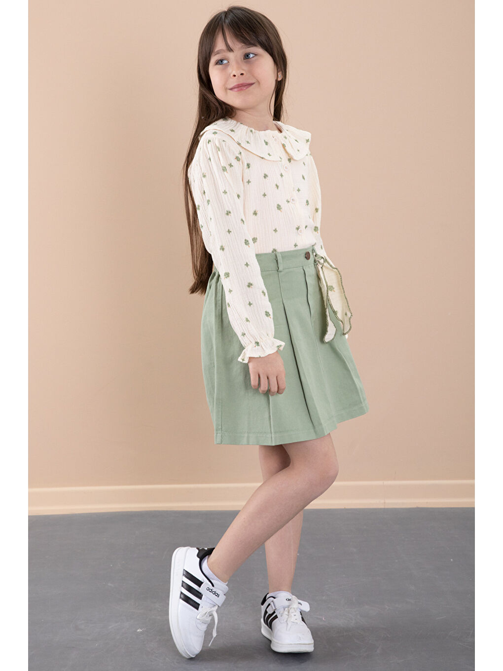 Yeşil Çiçek Desenli Müslin Badili Jean Etekli Kız Çocuk Takım 20427-2