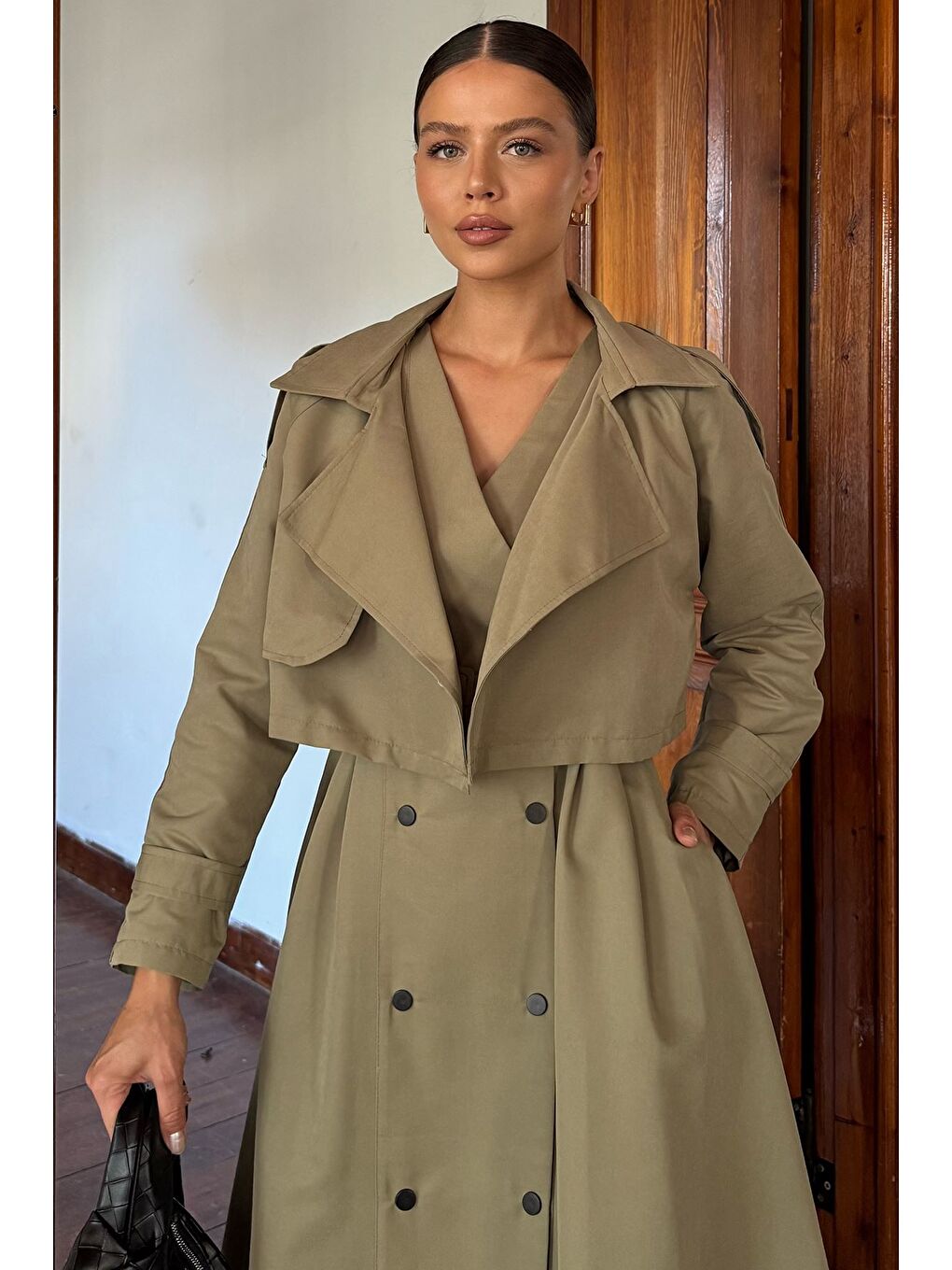 Haki Kadın Trenç Kumaş Ceket Elbise İkili Takım-2