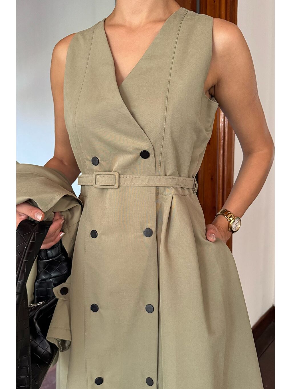 Haki Kadın Trenç Kumaş Ceket Elbise İkili Takım-3