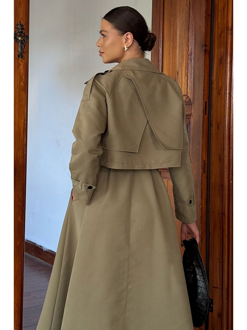 Haki Kadın Trenç Kumaş Ceket Elbise İkili Takım-4