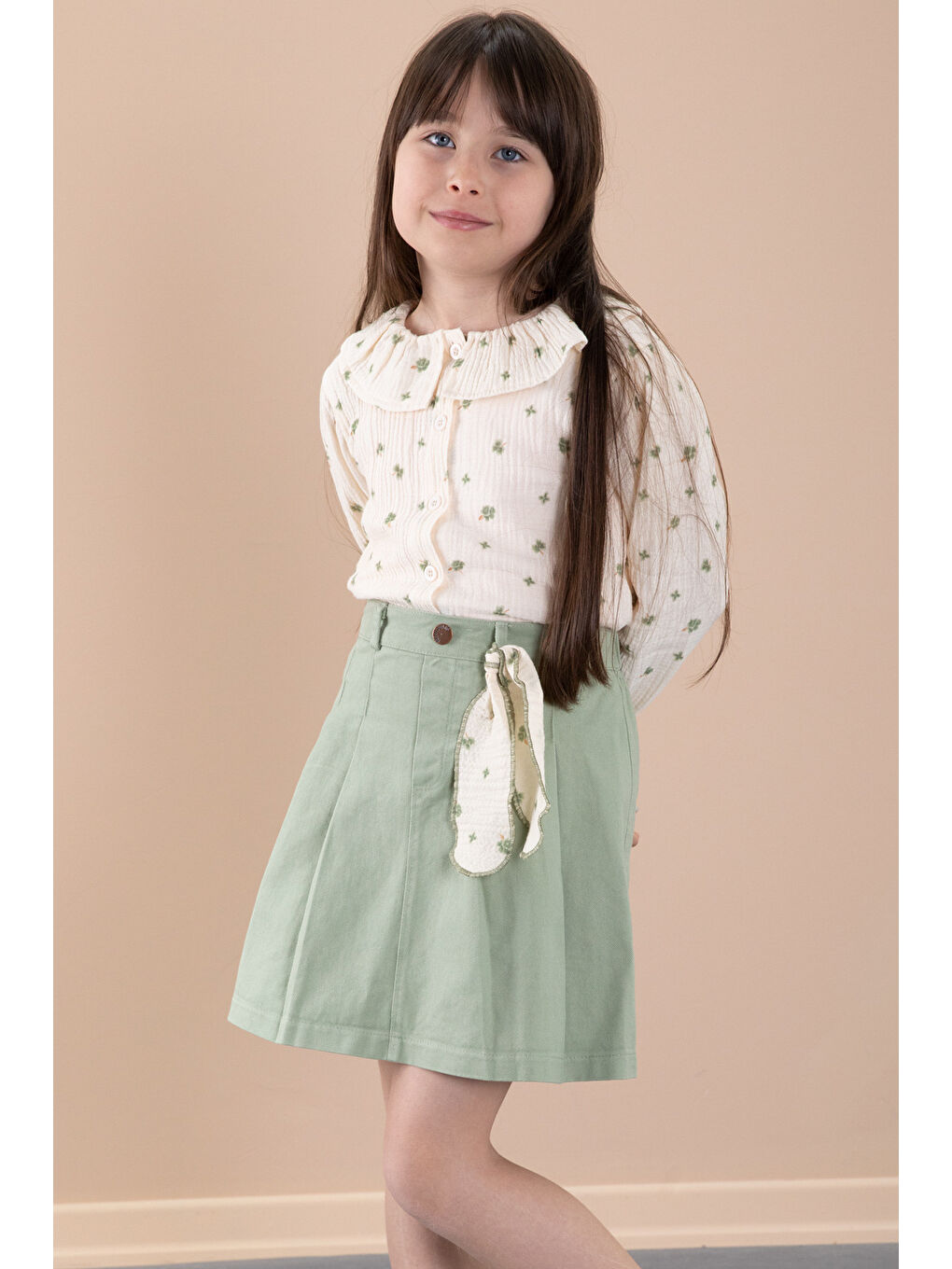 Yeşil Çiçek Desenli Müslin Badili Jean Etekli Kız Çocuk Takım 20427-3