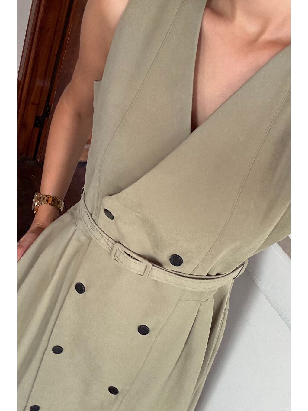 Haki Kadın Trenç Kumaş Ceket Elbise İkili Takım-5