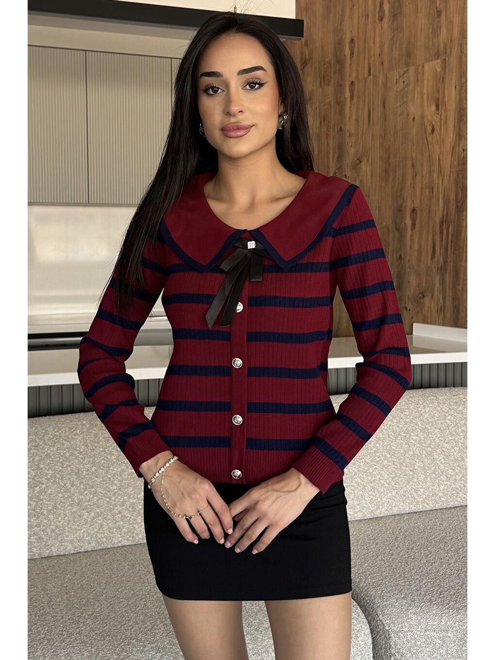 Bordo Fiyonklu Sahte Düğmeli Triko Bluz (s,m,l Uyumludur)