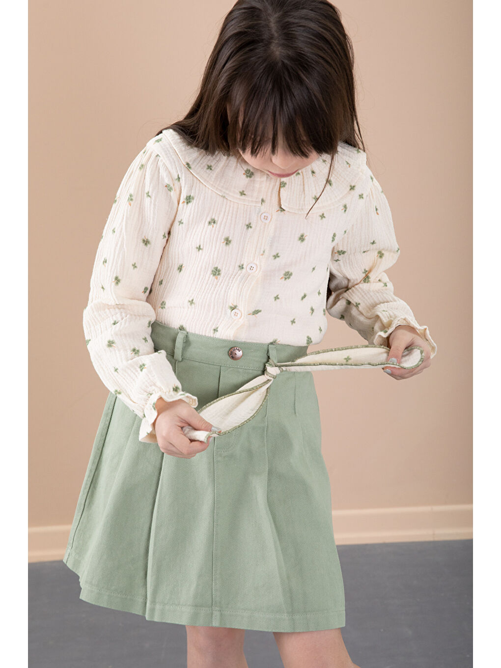 Yeşil Çiçek Desenli Müslin Badili Jean Etekli Kız Çocuk Takım 20427-4
