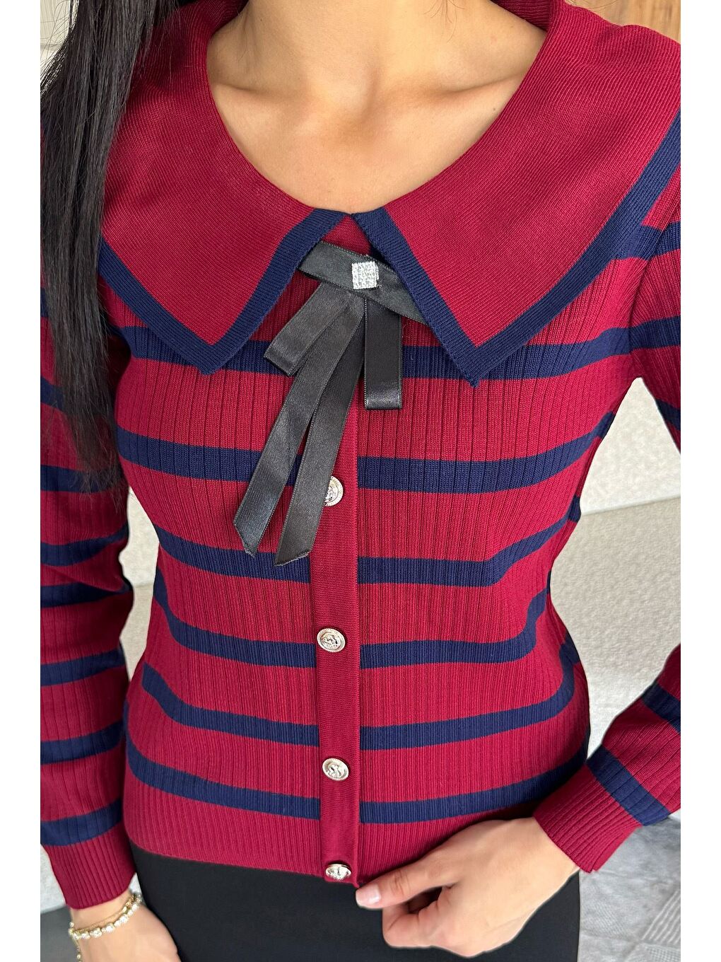 Bordo Fiyonklu Sahte Düğmeli Triko Bluz (s,m,l Uyumludur)-1