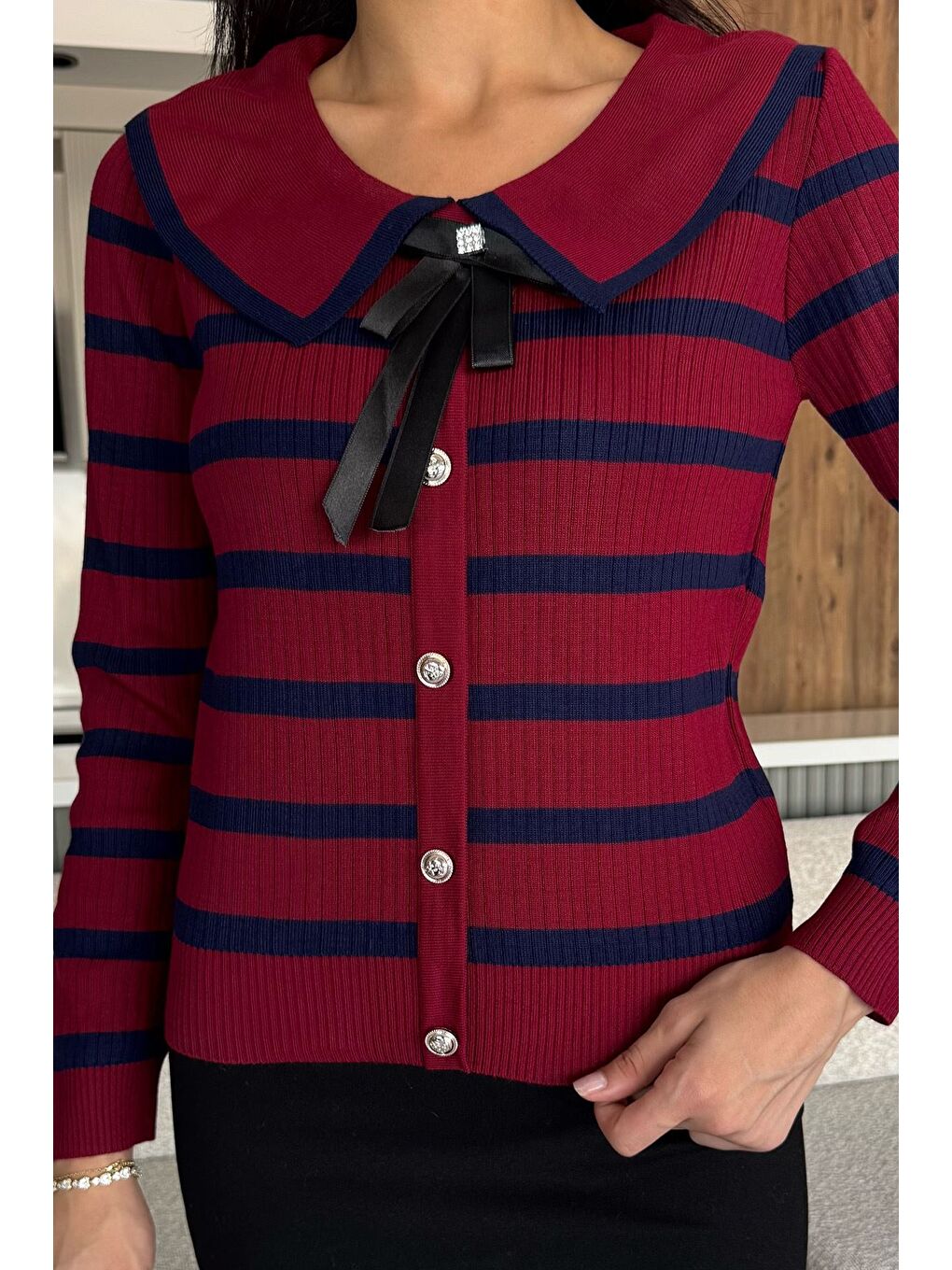 Bordo Fiyonklu Sahte Düğmeli Triko Bluz (s,m,l Uyumludur)-2