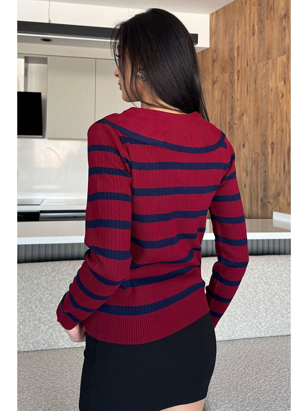 Bordo Fiyonklu Sahte Düğmeli Triko Bluz (s,m,l Uyumludur)-3