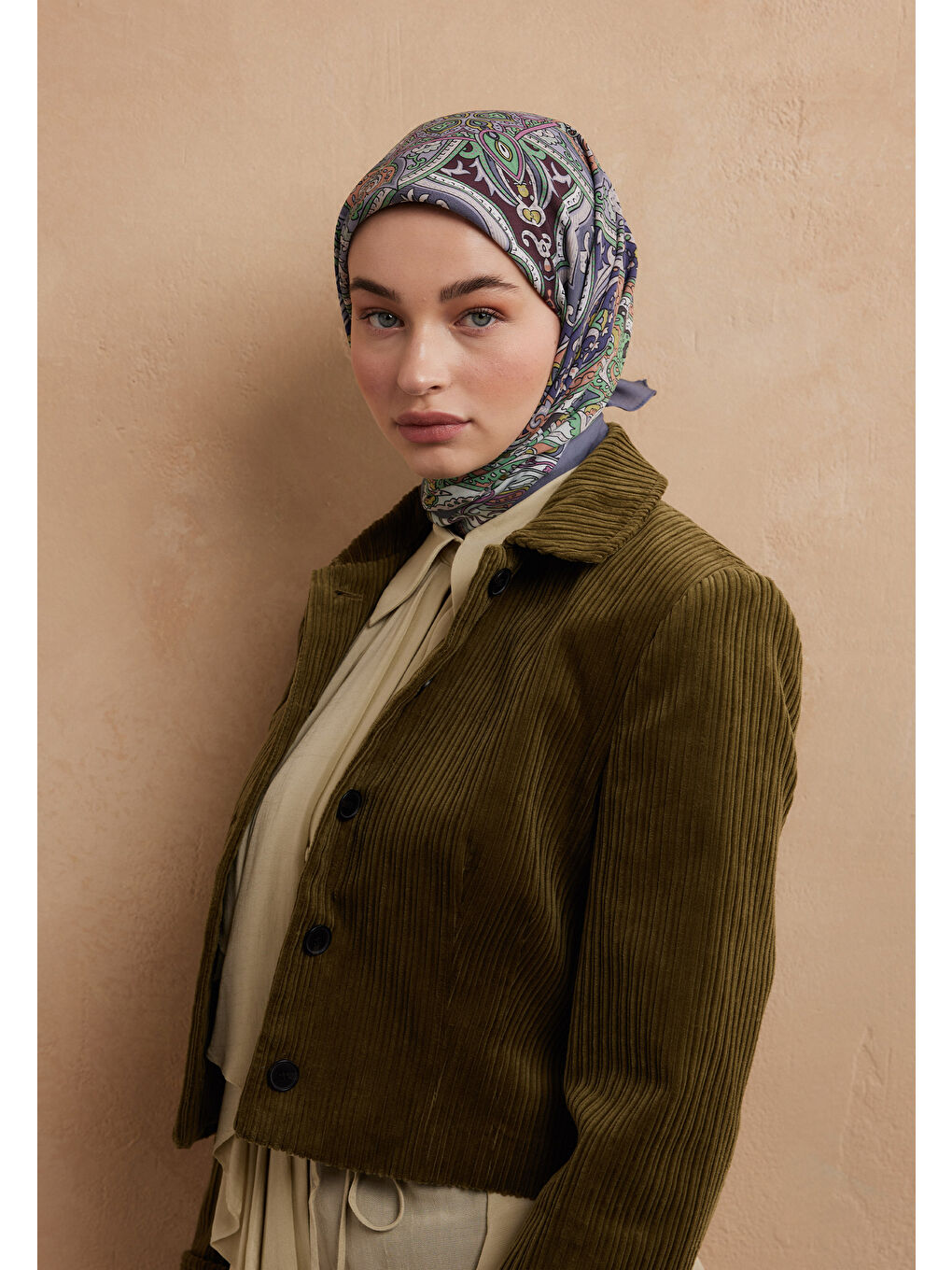 Etnıc Floral Desen Pamuk İpek Eşarp İndigo-3