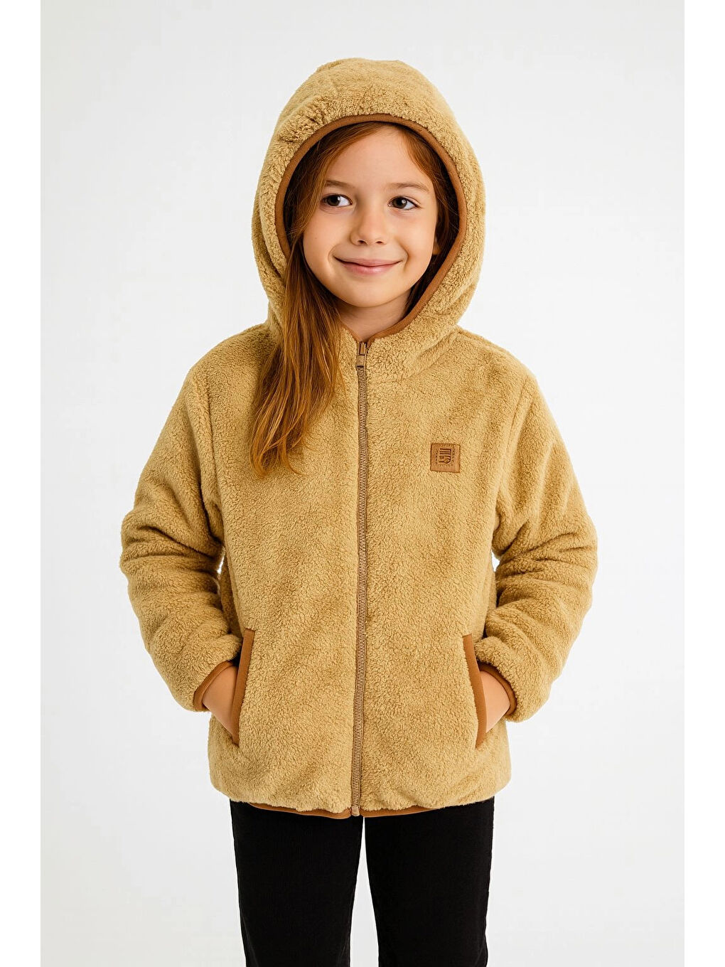 Bej Kapüşonlu Kışlık Pelüş Kız Çocuk Mont 4247