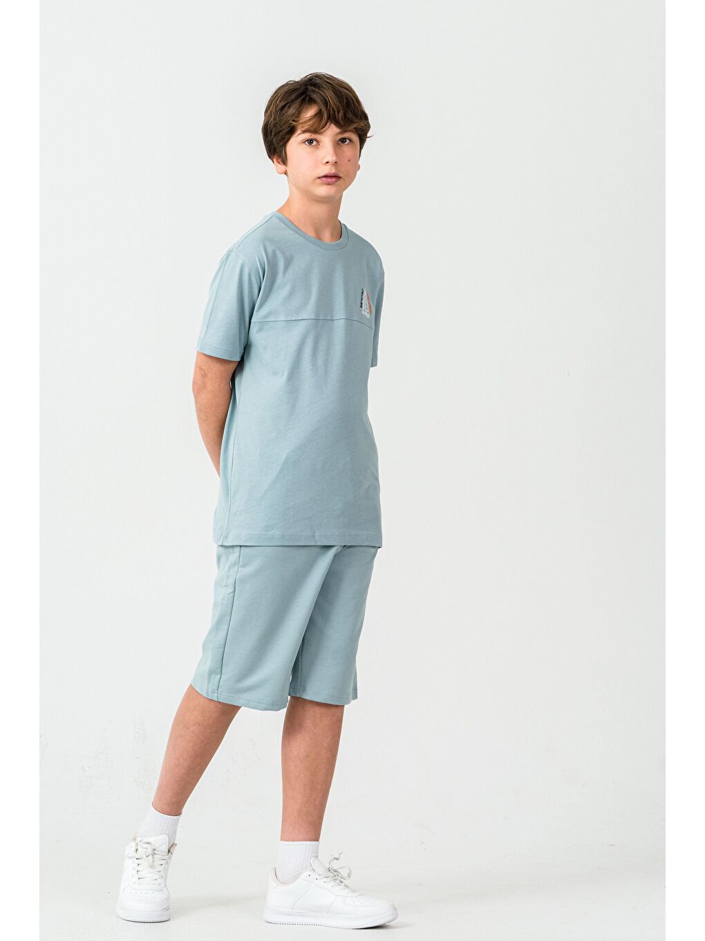 Petrol Üst Ön Nakışlı Arka Baskılı Alt Sol Bacak Nakışlı Erkek Çocuk Şort - Tişört Takımı-3