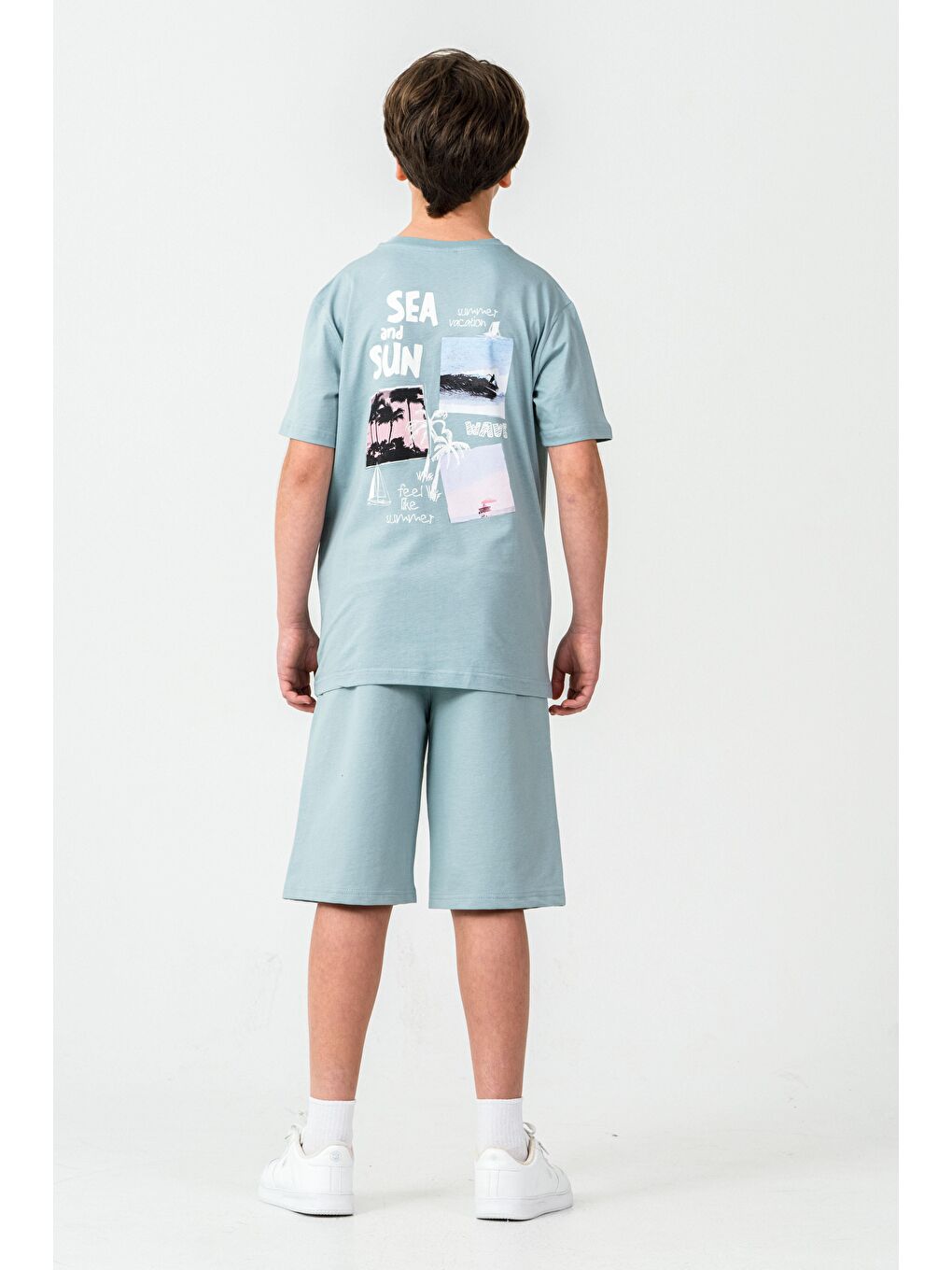 Petrol Üst Ön Nakışlı Arka Baskılı Alt Sol Bacak Nakışlı Erkek Çocuk Şort - Tişört Takımı-5