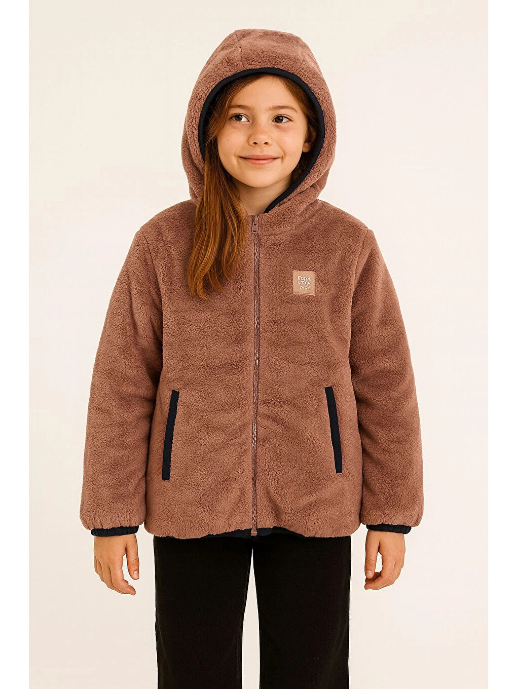 Pembe Kapüşonlu Kışlık Pelüş Kız Çocuk Mont 4247