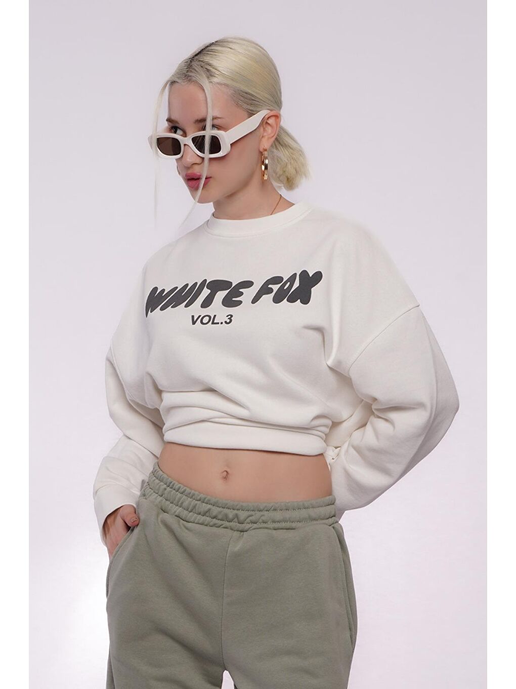 Ekru Bisiklet Yaka Baskılı Sweatshirt Mg1904-2