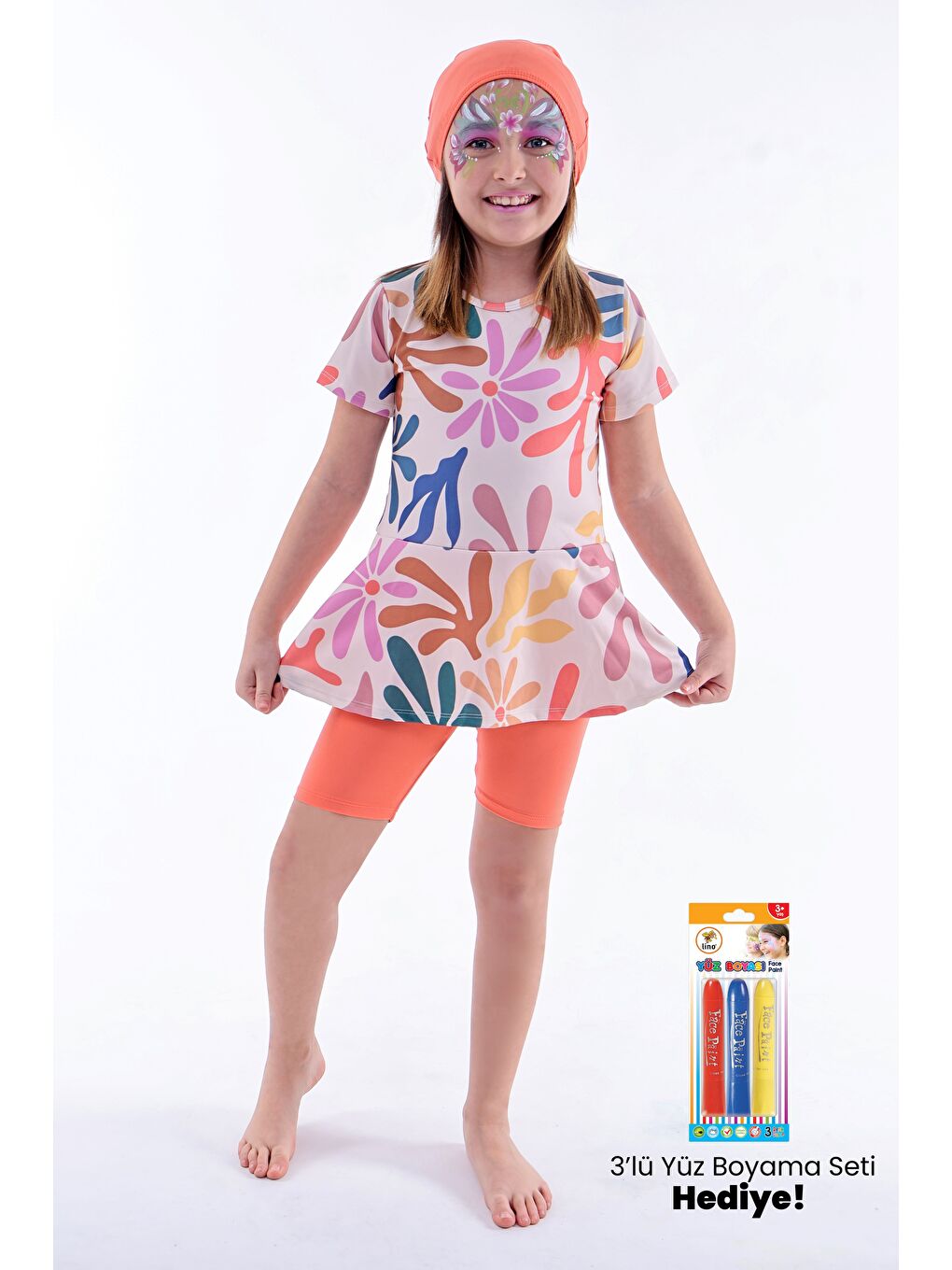 Kalp Desenli Turuncu Kız Çocuk Boneli Mayo Takımı