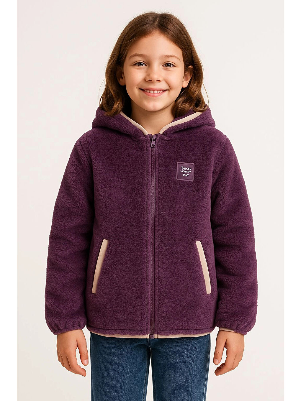 Mürdüm Kapüşonlu Kışlık Pelüş Kız Çocuk Mont 4247