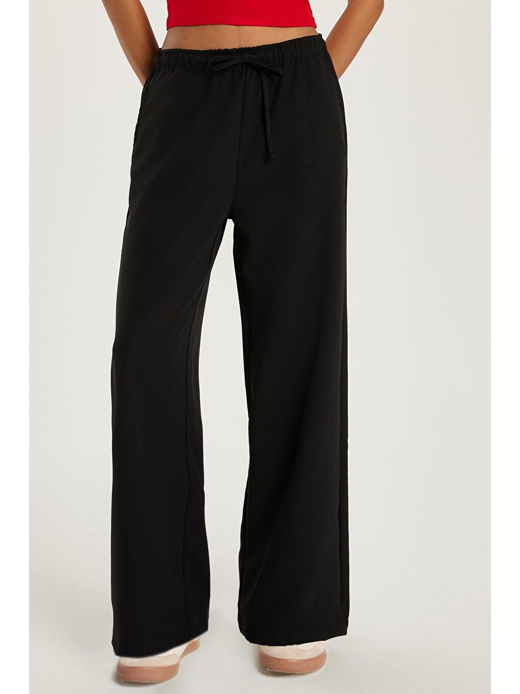 Kadın Regular Fit Beli Lastikli Bağlamalı İspanyol Paça Siyah Palazzo Pantolon