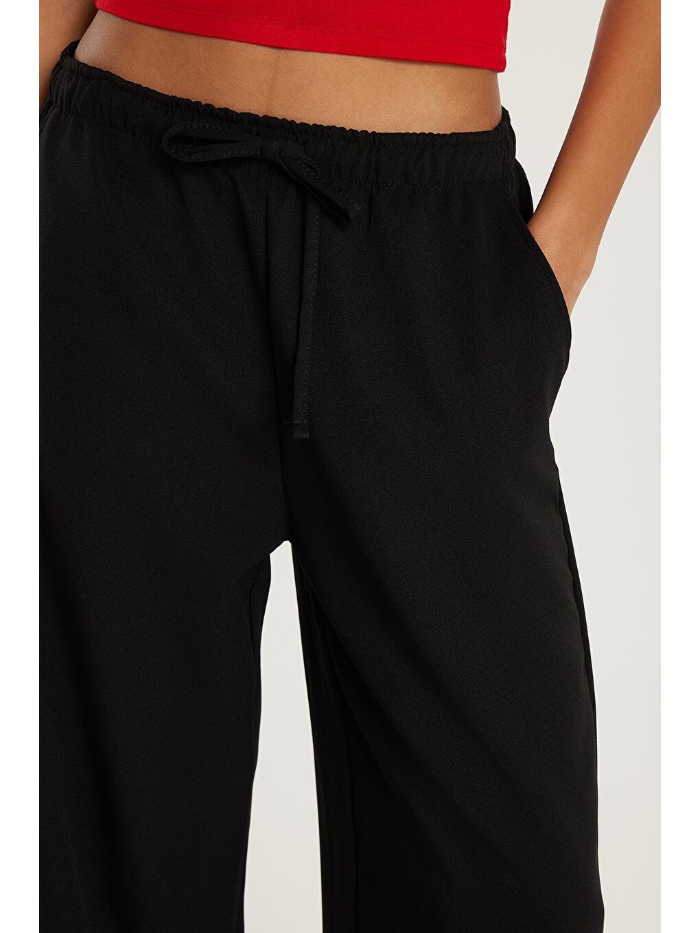 Kadın Regular Fit Beli Lastikli Bağlamalı İspanyol Paça Siyah Palazzo Pantolon-1